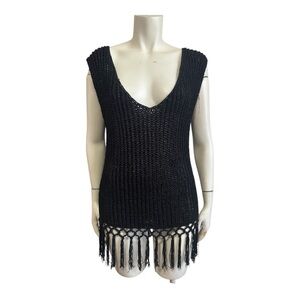 Anne Klein Vintage Black Knit Sleeveless Deep V Fringe Top Women’s Size S/M